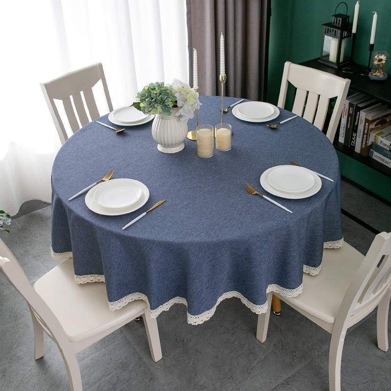EHouseHome Faux Linen Tablecloth with Lace Trim - Waterproof/Spill Proof/Stain Resistant/Wrinkle Free/Oil Proof - for Banquet, Parties, Dinner,Wedding,Holiday,Denim Blue Round 70Inch - Image 3